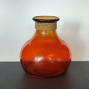 Orange Amber Glass Vase or Bottle with Jute Neck Wrap Large and Heavy 8 1/4"